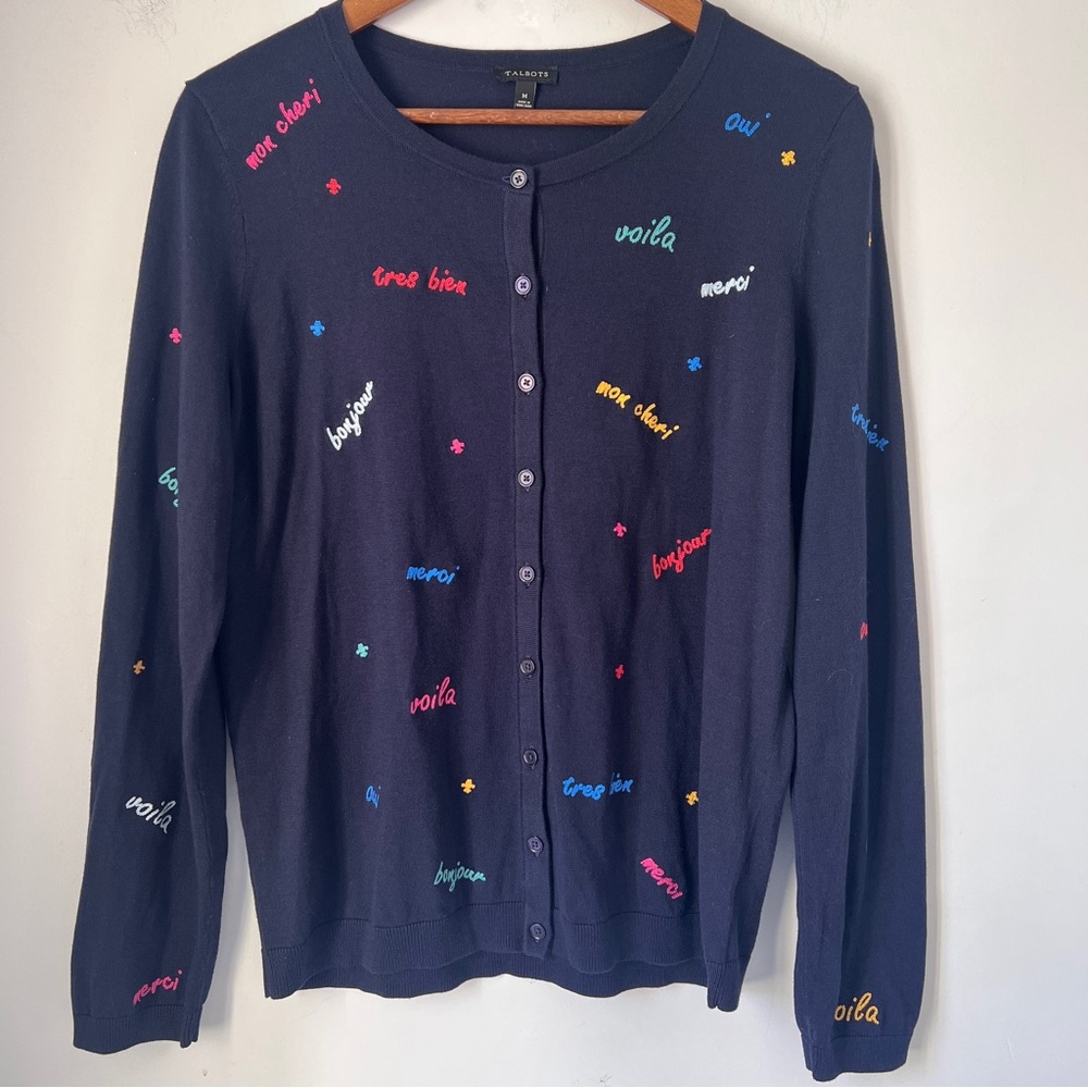 Talbots Blue Cardigan with Whimsical Embellishments